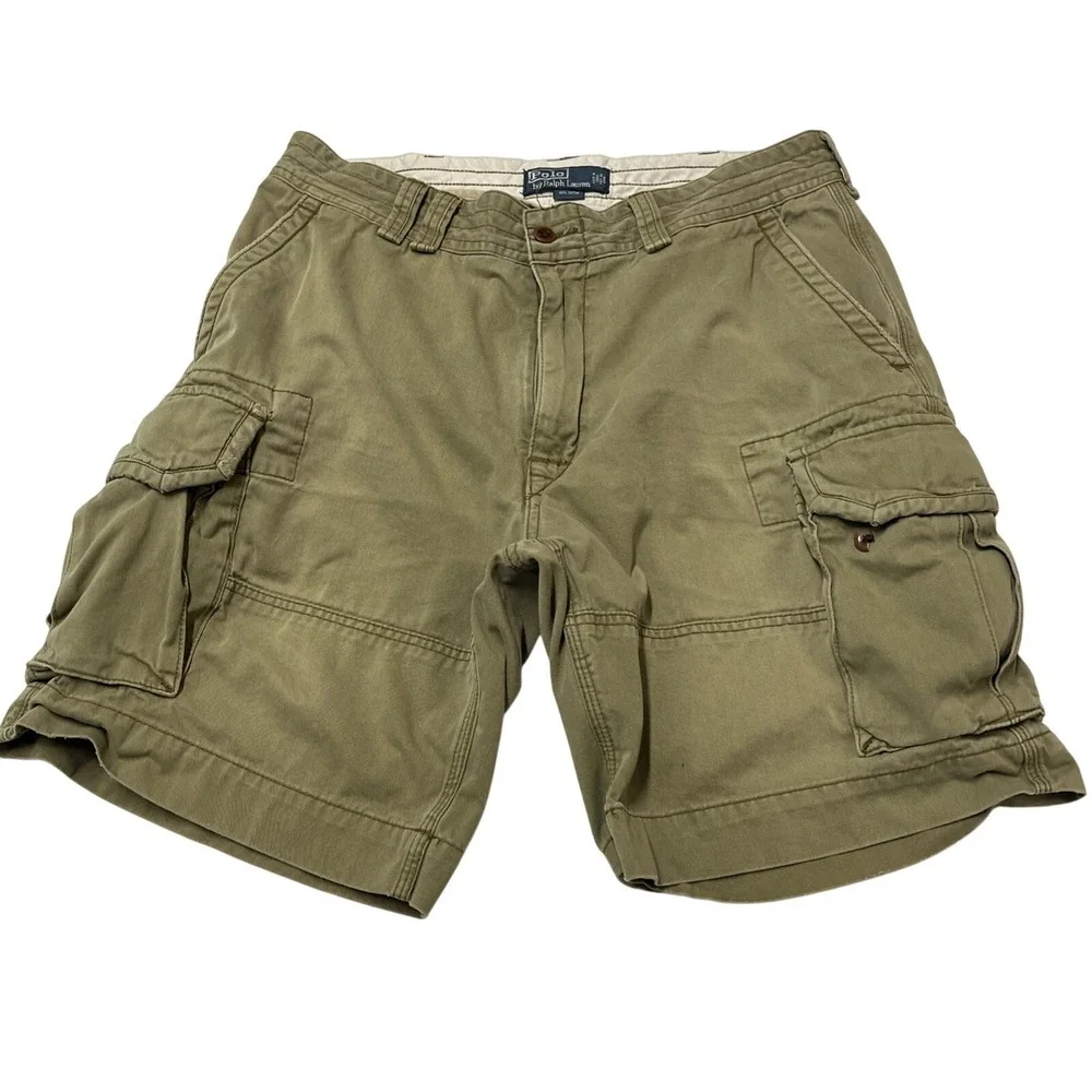 Polo Ralph Lauren Shorts Heavy Weight Cargo Khaki‎ Size 36 Baggy Y2K Utility